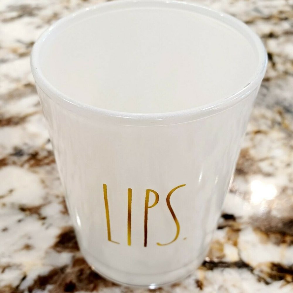 Rae Dunn Lips Cosmetic Glass Container Cup White with Gold Print New Open Box
